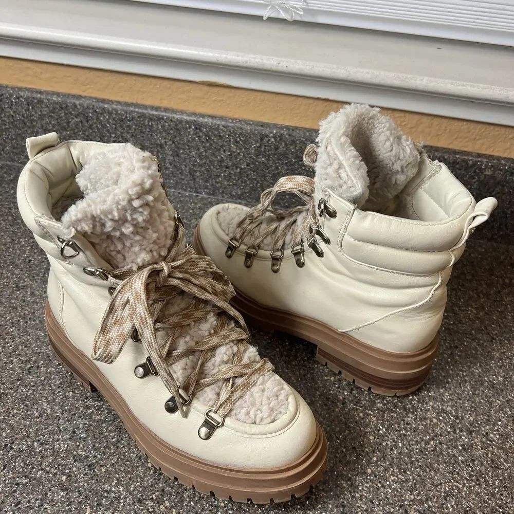 Circus Sam Edelman Combat Winter Boots Womens Sz 7M Cream Synthetic Lace Up Shoe